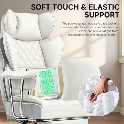COMHOMA Big and Tall Office Chair, High Back Leather Gaming Chair with Footrest, Executive Ergonomic Office Chairs with Pocket Spring Lumbar Support and with Outward Fixed Soft Armrests