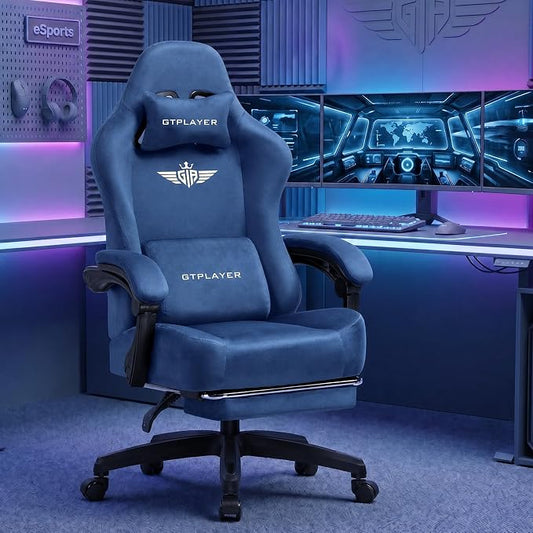 GTPLAYER Big and Tall Gaming Chair 400lbs Heavy Duty Office Chair with Foot Rest, High Back Pocket Spring Ergonomic Computer Chair for Adults, Wide Comfy Seated Cushion with Linkage Armrests, Blue