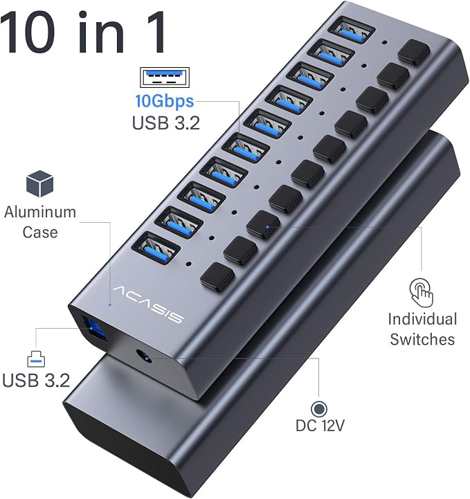 Powered USB 3.2 Hub, ACASIS 10 Ports USB 3.2 Hub with 10Gbps Data Speed, Aluminum Housing, USB Hub Powered with 48W Power Adapter, USB Hub for PC/Laptop, Computer, Flash Drive, Printer, Camera