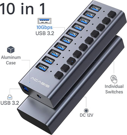Powered USB 3.2 Hub, ACASIS 10 Ports USB 3.2 Hub with 10Gbps Data Speed, Aluminum Housing, USB Hub Powered with 48W Power Adapter, USB Hub for PC/Laptop, Computer, Flash Drive, Printer, Camera