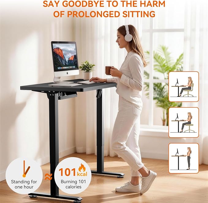 Standing Desk, 55 x 24 Inches Electric Height Adjustable Desk, Sit Stand up Desk, Memory Computer Home Office Gaming Desk with 3 Preset Heights, Table Cable Management Box, Black