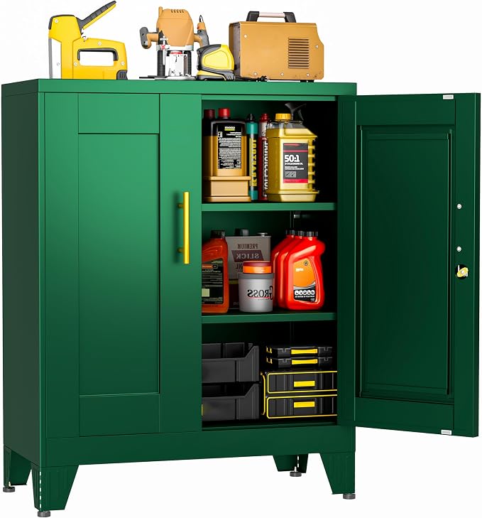 36 Inch Metal Tool Cabinet, 13.8" D x 27.6" W x 35.4" H, Lockable Steel Storage Cabinet with 2 Adjustable Shelves, Heavy-Duty Garage Storage Cabinet for Workshop, Basement, Office, Green