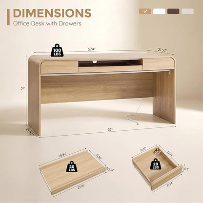 63" Modern Computer Desk with 2 Drawers, Wood Curved Executive Desk with Keyboard Tray & Power Outlet, Writing Desks with Storage for Home Office, Study Room, Living Room (Natural)