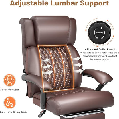 HOMREST Big and Tall Office Chair, Brown | 500lbs Heavy Duty, Adjustable Lumbar Support & Backrest, Ergonomic Executive Leather, Wide Armrests and Wheels