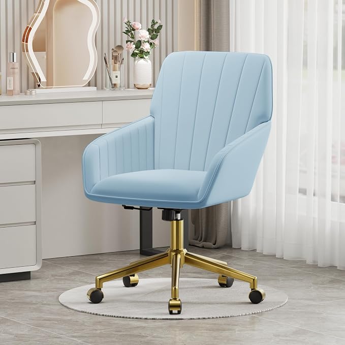 YISHENG Velvet Office Desk Chair with Gold Base, with Wheels,Modern Height Adjustable 360 Degree Swivel Upholstered Vanity Chairs with Arms for Living Room Bedroom,Sky Blue