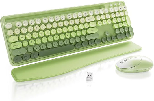 Wireless Keyboard and Mouse, Colorful 104-Key QWERTY with Round Keys, Phone Holder, Wrist Rest, Power Buttons, 2.4GHz USB for PC Laptop (Green Gradient)