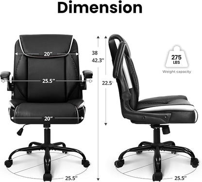 NEO Chair Mid-Back Home Office Executive Desk Chair Computer Gaming Ergonomic Chair with Adjustable Padded Flip-Up Armrests Wheels Swivel for Task Study (Leather Black)