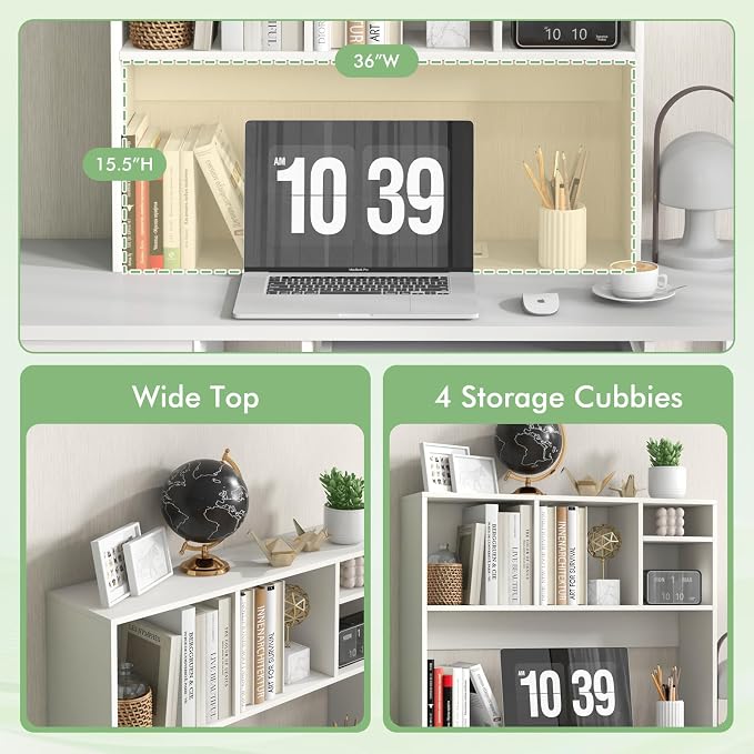 LDAILY Desktop Bookshelf, 2-Tier Office Desk Shelf Organizer with 4 Shelves, 37''L Wood Storage Rack Display Shelf for Office, College Dorm, Bedroom (White)