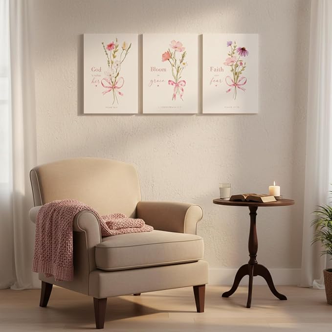 Baby Girl Nursery Wall Art Set of 3 Pink Bow Floral Canvas Prints, Christian Bible Verse Nursery Decor, Cute Flower Posters Pictures with Scripture for Girls Room Bedroom Framed 16x24 Inch