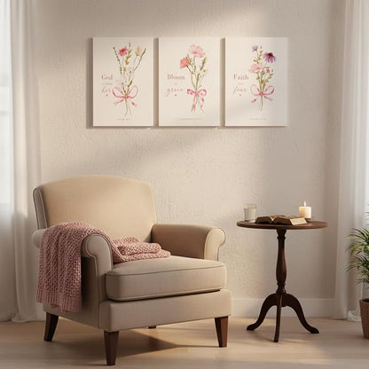 Baby Girl Nursery Wall Art Set of 3 Pink Bow Floral Canvas Prints, Christian Bible Verse Nursery Decor, Cute Flower Posters Pictures with Scripture for Girls Room Bedroom Framed 12x16 Inch