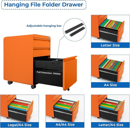 Dripex 3 Drawer Orange File Cabinet, Mobile Under Desk Storage File Cabinet with Lock on Wheels, Letter/Legal Size,Fully Assembled, Small Short Vertical Metal Rolling Filing Cabinets for Home Office