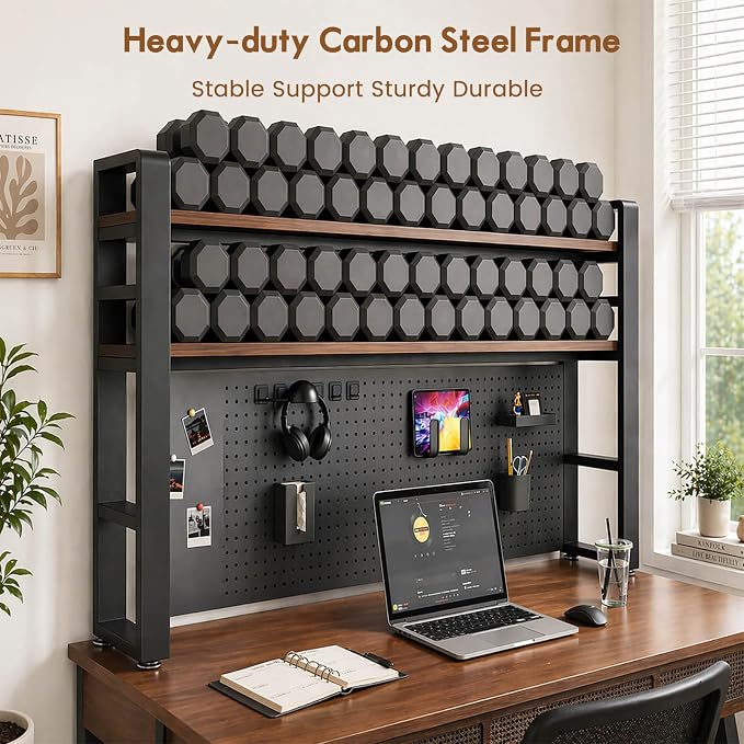 Lefedrasticity Desktop Bookshelf Organizer with Pegboard 3 Tier Desk Hutch Dorm Heavy-Duty Desk Shelf Organizer for Computer Desktop Organizer Shelf for Office Dorm Room Gaming Desks (Black, 45.3" L)