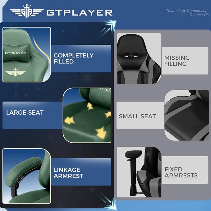 GTPLAYER Big and Tall Gaming Chair 400lbs Heavy Duty Office Chair with Foot Rest, High Back Pocket Spring Ergonomic Computer Chair for Adults, Wide Comfy Seated Cushion with Linkage Armrests, Green