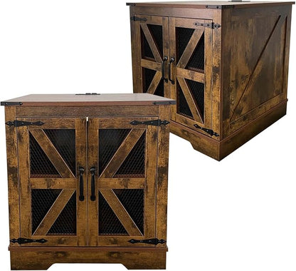 Farmhouse End Table Set with Charging Station Set of 2, Living Room Tables with Hidden Storage, Wood Square Sofa Bedside Tables, Night Stand with Power Outlet and Door, Brown