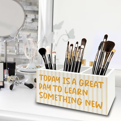 Inspirational Pen Pencil Holder Organizer for Desk, Motivational Gifts for Women, Today Is a Great Day to Learn Something New Wooden Box Sign for Home Office Desk Tabletop Decorations