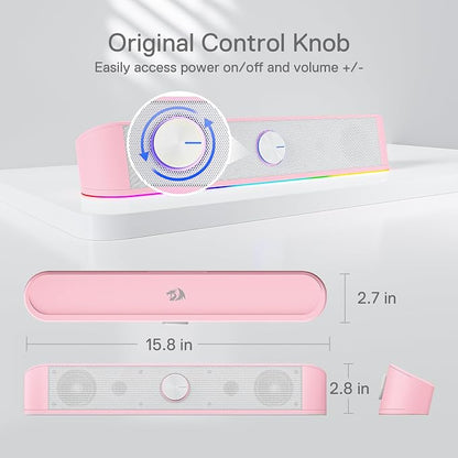 Redragon GS560 RGB Desktop Soundbar, 2.0 Channel Computer Speaker with Dynamic Lighting Bar Audio-Light Sync/Display, Touch-Control Backlit with Volume Knob, USB Powered w/ 3.5mm Cable, Pink