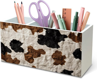 DILSJ Western Cow Print Pen Pencil Holder Organizer for Desk, Cow Lovers Gifts for Women Men, Rustic Country Western Cowhide Wooden Box Signs for Home Office Desk Tabletop Decoration