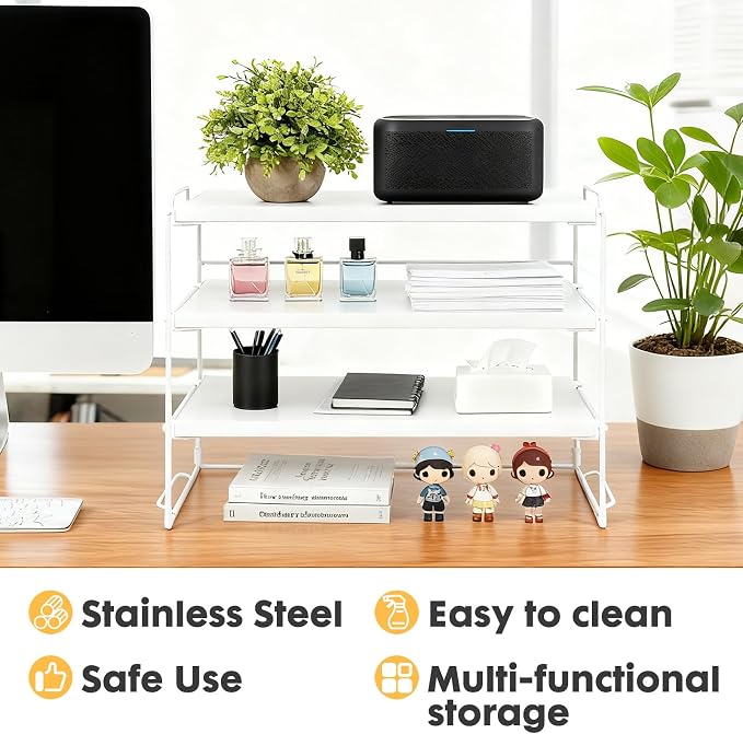 ShellKingdom Desk Shelf Organizer, 3 Tier Desktop Shelves, Adjustable Bookshelf Storage Rack and Office Cubicle Decor for Tabletop, School, Office, Dorm Organization (White)