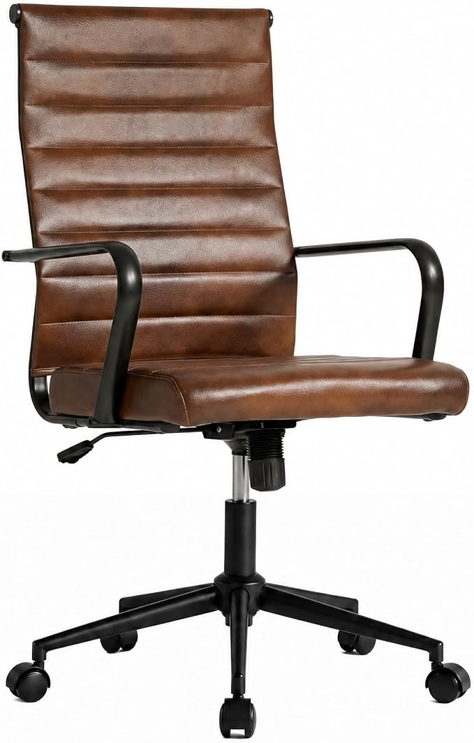 Okeysen Leather Office Desk Chair, Mid-Century Modern Leather Conference Room Chairs, Ergonomic Executive Ribbed Height Adjustable Swivel Rolling Chair for Home Office.