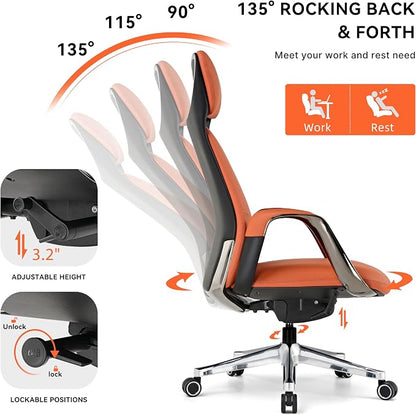 EUREKA ERGONOMIC Serene Executive Office Chair, Premium Nappa Leather High Back Boss Chair with Aluminum Base, Ergonomic Chair with Lumbar Support & Recline, Heavy Duty for Long-Hour Comfort, Orange