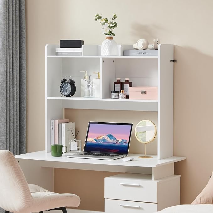 Nromant Desktop Bookshelf, Wooden Desk Storage Hutch with 5 Shelves, 3-Tier Desktop Display Organizer Rack for Office Home (White, 5 Shelves B)