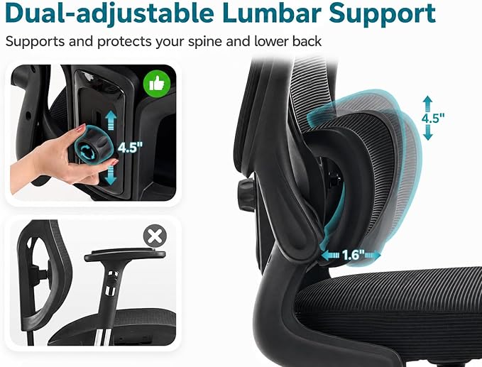 Ergonomic Office Chair with Adjustable Headrest & Lumbar Support, High Back Mesh Desk Chair, 330 LBS Capacity Swivel Computer Chair with Flip-Up Arms, Home Office Gaming Chair(Black)