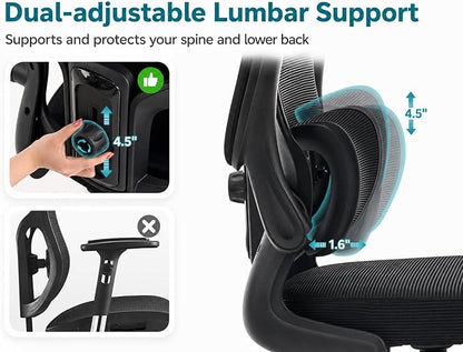 Ergonomic Office Chair with Adjustable Headrest & Lumbar Support, High Back Mesh Desk Chair, 330 LBS Capacity Swivel Computer Chair with Flip-Up Arms, Home Office Gaming Chair(Black)