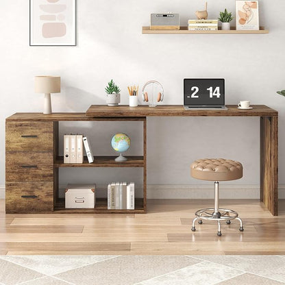 HSH L Shape Home Office Desk with Drawers, L-Shaped Computer Desk with Storage Cabinet Shelves, Wood Executive Desk for Writing Work, Reversible Study Table in Bedroom Living Room, Rustic Brown, 55 In