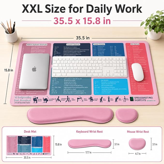 Excel Cheat Sheet Desk Pad Set, 3-Piece XXL Shortcut Mouse Pad with Keyboard and Wrist Rests, Non-Slip Office Mat, 35.5 x 15.8 in, Blush Pink