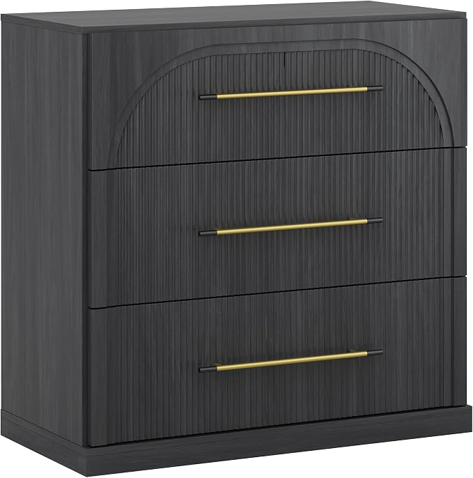 BELLEZE 32.5" Kitchen Storage Cabinet with 3 Drawers,Freestanding Accent Cabinet with Fluted Arched Design & Gold Handles,Modern Credenza for Living Room,Dining Room,Entryway - Ebony