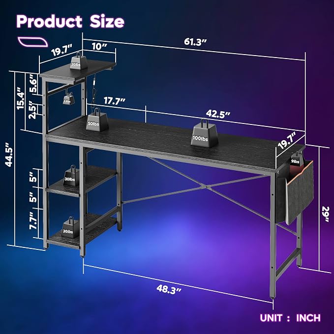 Bestier Gaming Desk with Shelves, 61 Inch Large PC Gaming Table with LED Lights, Led Gamer Desk with 4 Tiers Reversible Storage Shelves for Game & Bedroom Room (Black Grained)