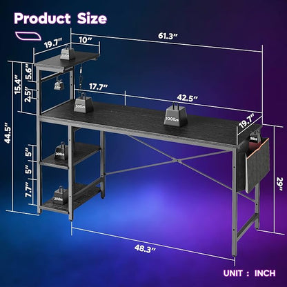 Bestier Gaming Desk with Shelves, 61 Inch Large PC Gaming Table with LED Lights, Led Gamer Desk with 4 Tiers Reversible Storage Shelves for Game & Bedroom Room (Black Grained)