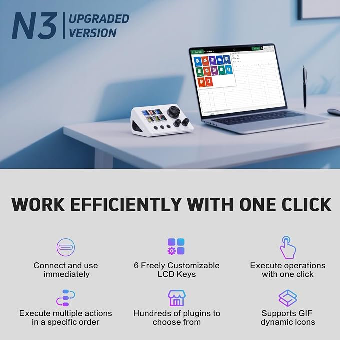 ActionRing Streaming Macro Keypad, Stream Controller Deck, Gaming Shortcut Keyboard, with 6 Customizable LCD Shortcut Keys, 3 Buttons and 3 Dials, Trigger Actions in OBS/Twitch/YouTube, For office workers and Content creaters,Windows 10/Mac14.0 (N3 White)
