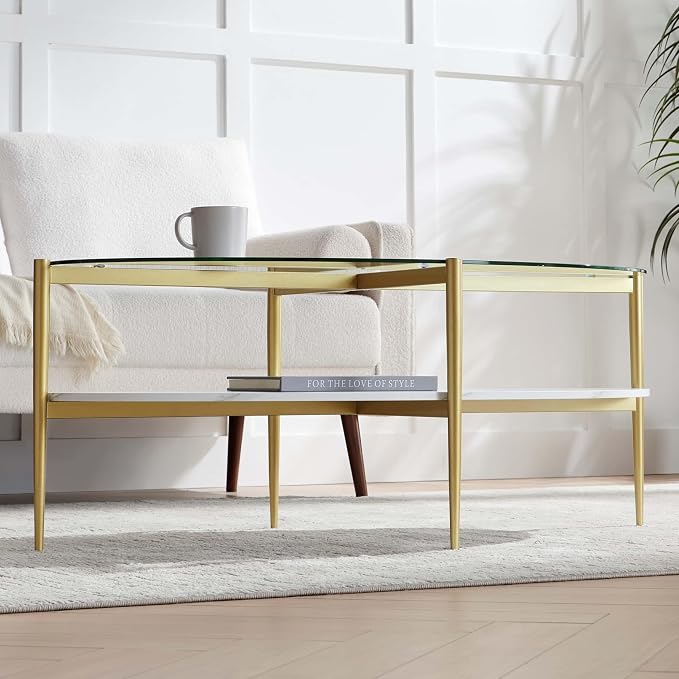 LumFurn Oval Glass Coffee Table, Mid-Century Modern Design, L43 x W22 x H17 inch, Surfboard Shaped Clear Glass Top and White Marble Finish Wood Shelf, Tapered Legs with Gold Finish Frame
