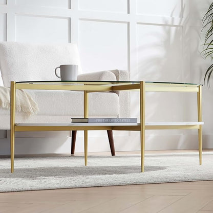 LumFurn Oval Glass Coffee Table, Mid-Century Modern Design, L43 x W22 x H17 inch, Surfboard Shaped Clear Glass Top and White Marble Finish Wood Shelf, Tapered Legs with Gold Finish Frame