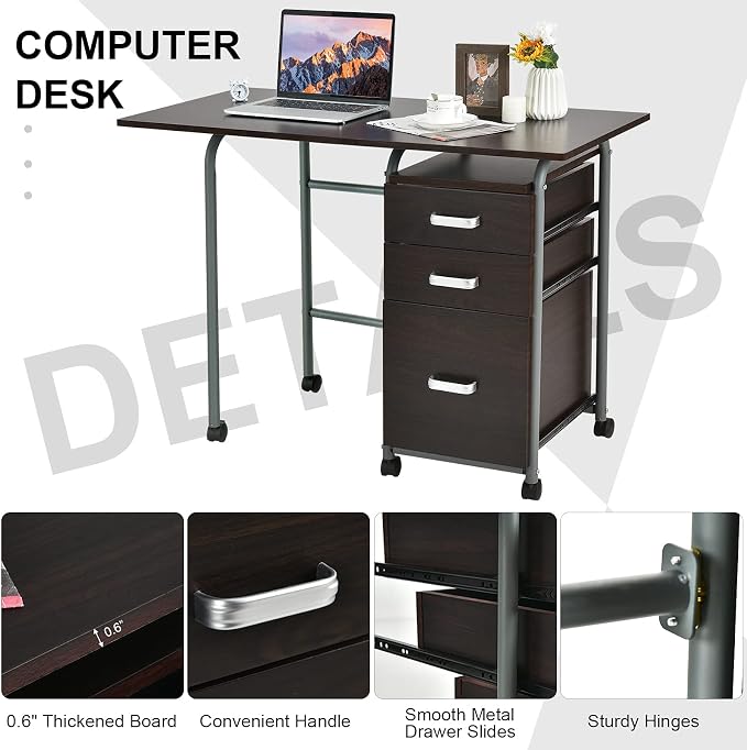 Tangkula Folding Computer Desk with 3 Storage Drawers, Mobile Home Office Desk Study Writing Desk with Smooth Wheels, Space Saving Compact Desk for Dorm Apartment, Rolling Folding Desk Table