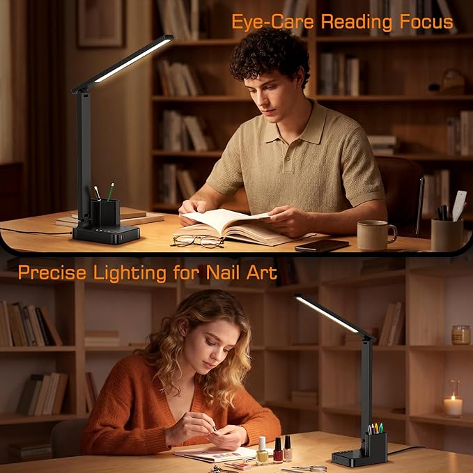 cozoo LED Desk Lamps for Home Office, Modern Dimmable Eye Cariing Desk Light with USB Charging Ports AC Outlet, Pen Holder,Touch/Memory/Timer, Kids Small Table Lamp for Reading, Bedroom, Study, Craft