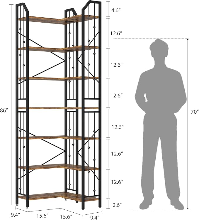 GarveeHome Corner Bookshelf 86" l Shaped Bookcase, Corner Bookshelves Industrial Bookcase 7 Tier l-Shape Bookshelf, Large Bookcases with Beaded Design Tall Display Rack Shelf for Living Room Bedroom