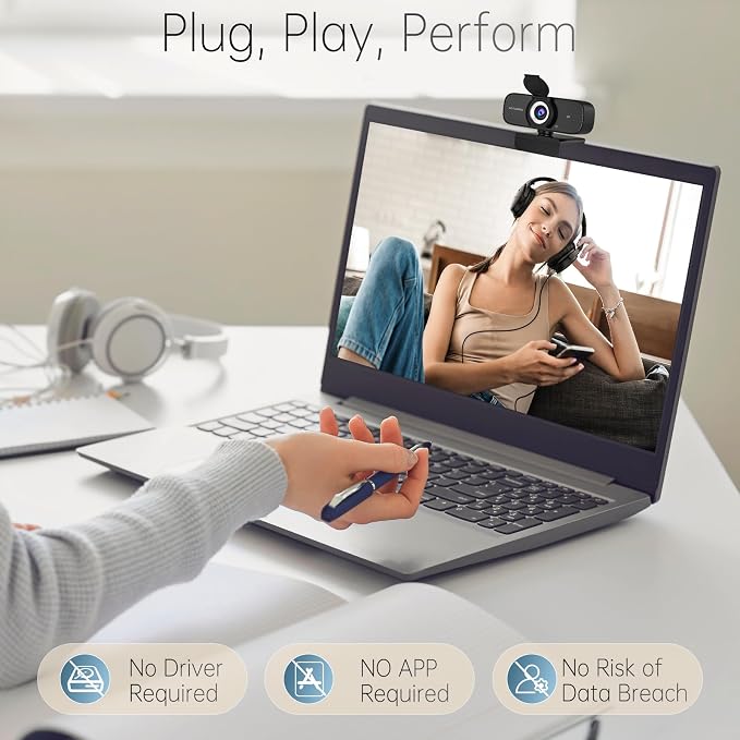 2K HD Webcam with Wide Angle Lens, Privacy Cover, Auto Light Correction and Noise-Canceling Mic, Plug & Play USB Camera for Desktop/Laptop/Mac/PC, Compatible with Teams/Zoom/Skype/Streaming Black
