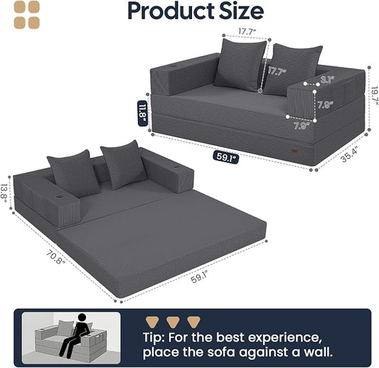 COMAX Futon Sofa Bed, 4‑in‑1 Convertible Sofa Bed, Folding Boneless Couches | Boneless Couch for living room, Fold Out Small Foldable Loveseat Floor Sleeper Mattress Lounge Space‑Saving, Grey