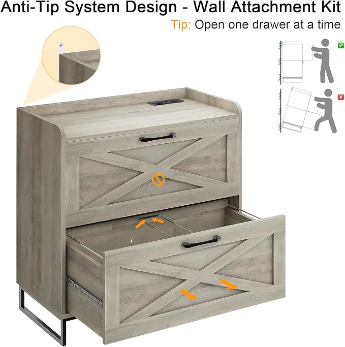 Halitaa File Cabinet 2 Drawers, Lateral File Cabinet with Charging Station for Letter/Legal/A4 Size Hanging Files, Large Wood File Storage Cabinets Printer Stand for Home Office, Washed Gray