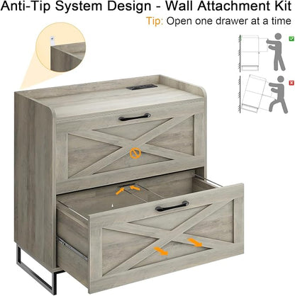Halitaa File Cabinet 2 Drawers, Lateral File Cabinet with Charging Station for Letter/Legal/A4 Size Hanging Files, Large Wood File Storage Cabinets Printer Stand for Home Office, Washed Gray