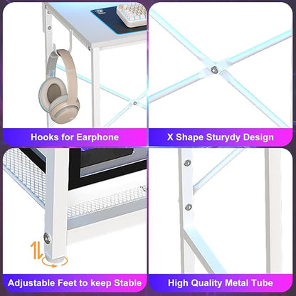 X-cosrack 33.5" Small Computer Desk with Monitor Stand & Outlets, Small Gaming Desk with LED Light & CPU Stand, Teen Study Writing Table with Storage Drawer, Side Hooks for Bedroom, Home Office White