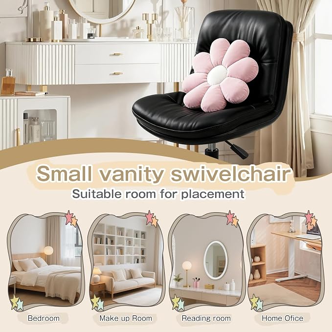 Small Office Desk Chair, PU Leather Armless Swivel Chair with Lumbar Pillow, Height Adjustable Task Chair for Small Spaces, Bedroom & Vanity Black