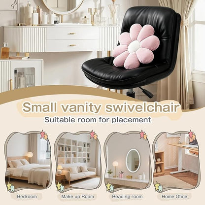 Small Office Desk Chair, PU Leather Armless Swivel Chair with Lumbar Pillow, Height Adjustable Task Chair for Small Spaces, Bedroom & Vanity Black
