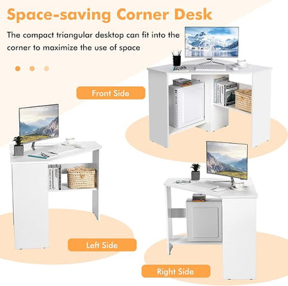 LDAILY Corner Desk, Space Saving 90 Degree Triangle Computer Desk with Storage Shelves & Cable Holes, Wood Compact Corner Writing Table for Small Spaces, Home Office, Bedroom & Living Room, White