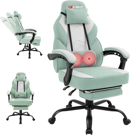 Gaming Chair for Adults with Footrest & Massage Lumbar Support, Ergonomic High Back Gamer Chair, Adjustable Swivel Computer Gaming Chairs with Headrest and Linkage Armrests,Green