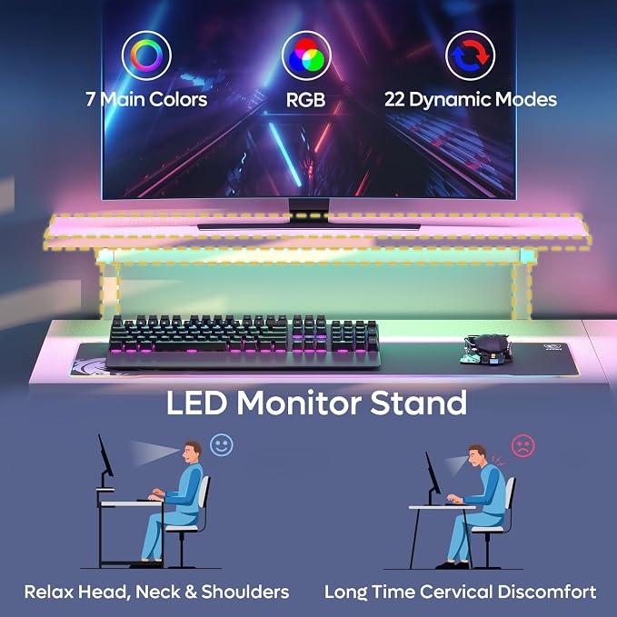 Pinmoco 42" Reversible Small L-Shaped Gaming Desk with LED Lights, Pink | corner desk fits small spaces, monitor stand, cup holder, headset hook, carbon fiber surface, for gaming and home office