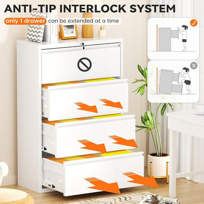 INTERGREAT 4 Drawer File Cabinet, Metal Lateral Filing Cabinet for Home Office, Locking Horizontal File Cabinets for Hanging Files Letter/Legal/F4/A4 (White)
