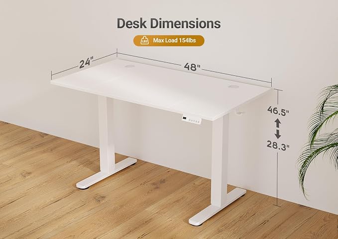 Seang Electric Standing Desk Adjustable Height, 48 x 24 Inch Sit Stand Desk with T-Shaped Frame, 3 Memory Presets & Cable Management for Home Office Computer Workstation, White Frame/White Top